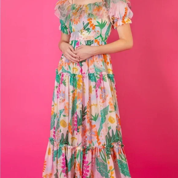 Jessie Liu Summer Floral Tiered Silk Midi Dress Size Medium - Picture 3 of 12